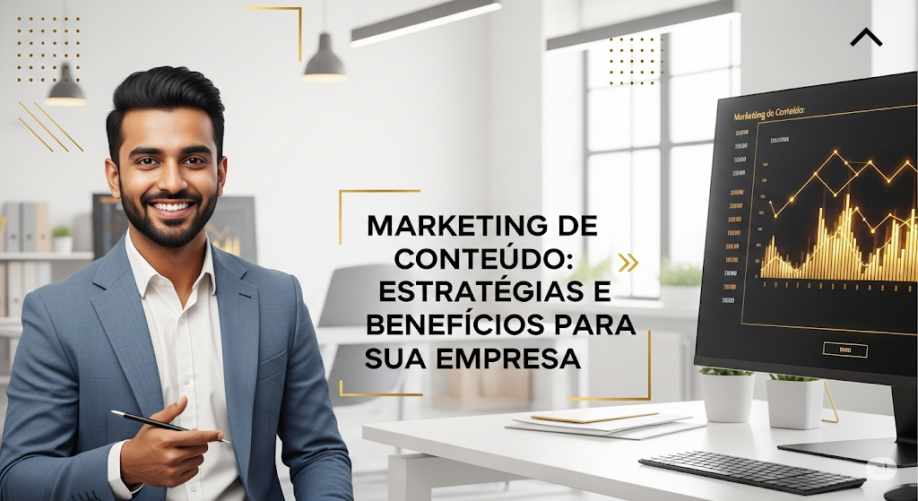 Empresário em Escritório ao lado de letreiro: "Marketing de Conteúdo: Estratégias e Benefícios para sua Empresa" - TX Marketing , João Rosacruz