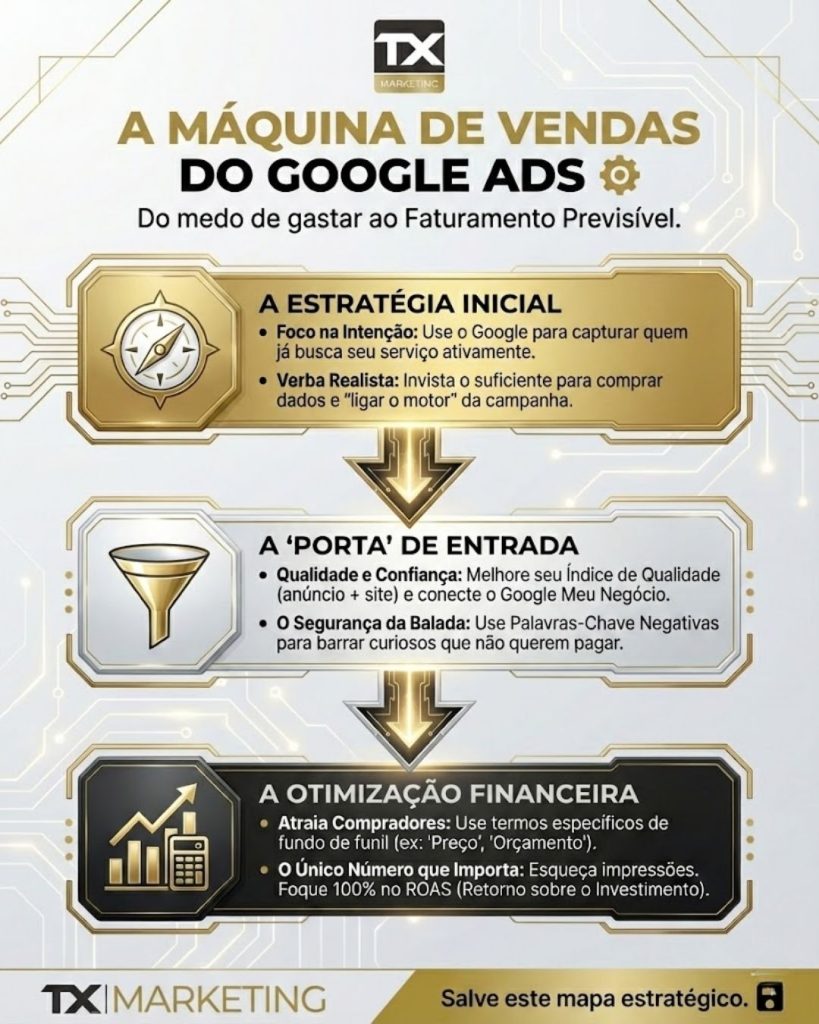 Imagem ilustrativa chamada "A Máquina de Vendas do Google Ads" - contem o resumo do artigo original da TX Marketing - agência de Marketing Digital de Canoas